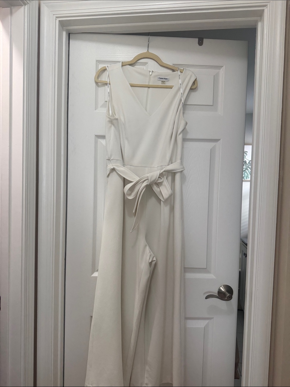 Calvin Klein Ivory V-Neck Sleeveless Jumpsuit with Tie Waist